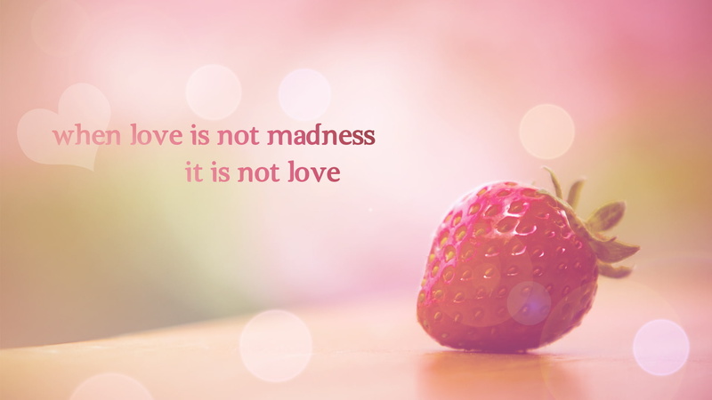 paint, the phrase, strawberry, the inscription, macro, phrase, 1080P, colors, bokeh, when love is not madness it is not love, lettering, 1920x1080, words