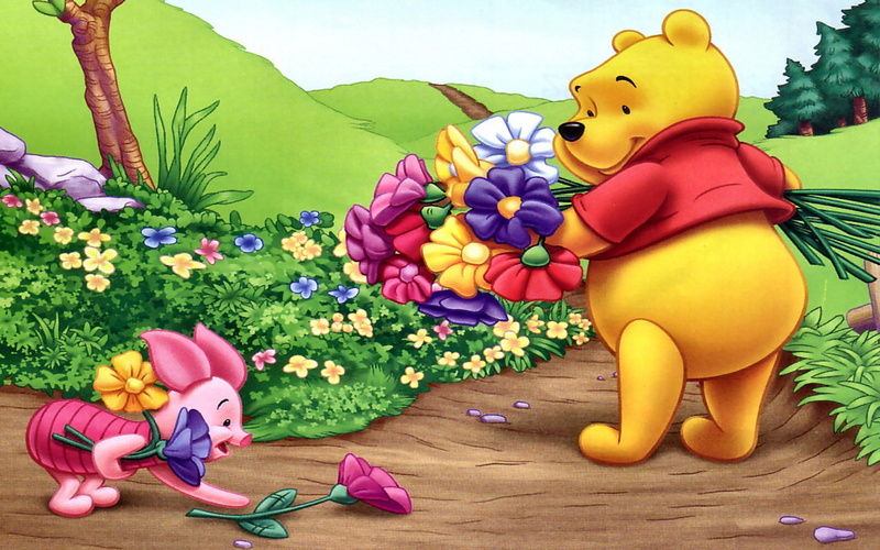 harvesting, pooh, piglet, winnie, flowers, 1080P, hd, bouquet, mountain