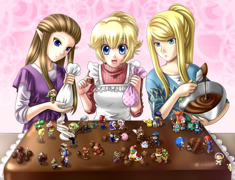 ike, lucas, chibi, group, ness, luigi, marth, kirby, olimar, pokemon, sonic, 720P, pit, cake, metroid, bowser, wings, food, r o b, wario, pikmin, yoshi