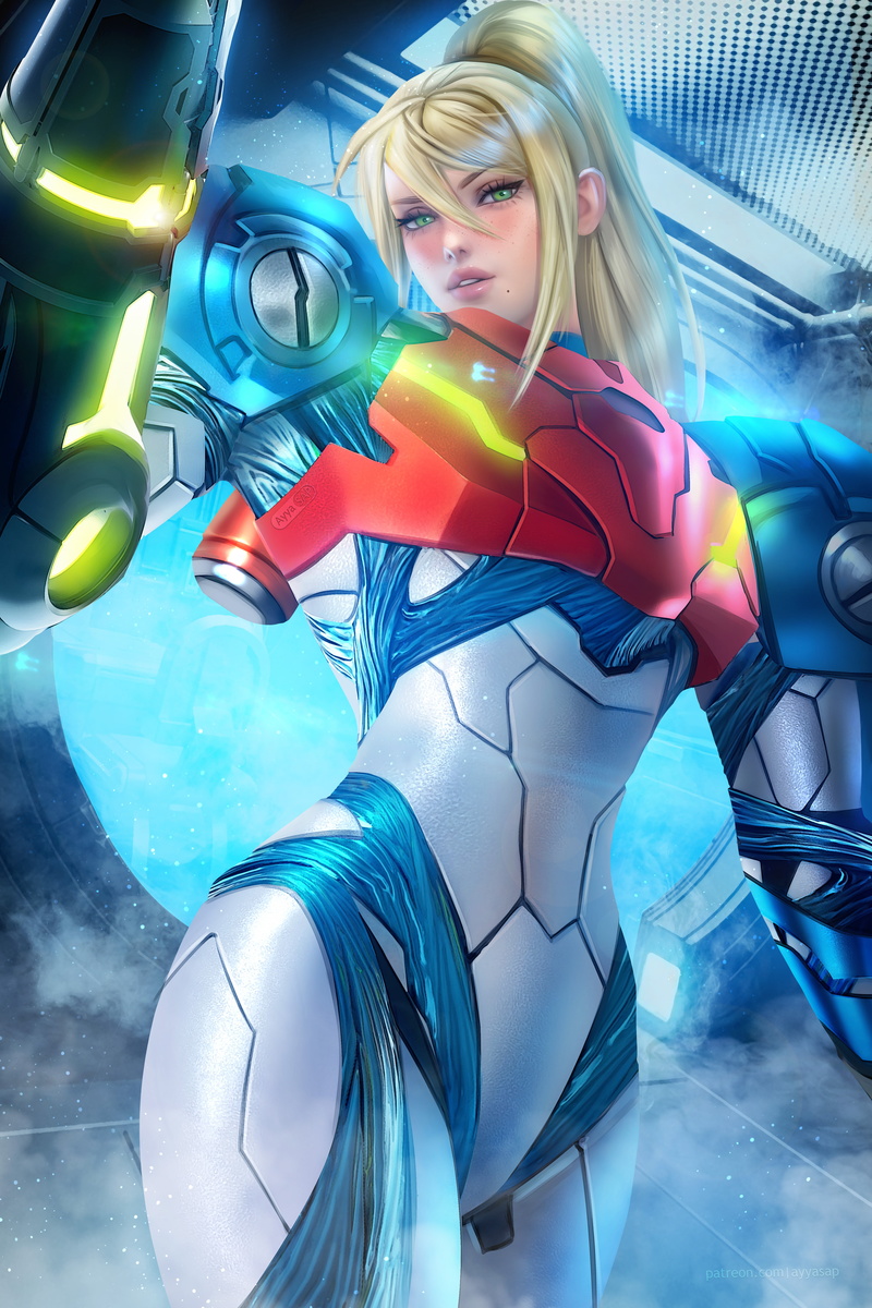 fan art, video game characters, Nintendo, green eyes, 5K, artwork, AyyaSAP, drawing, digital art, illustration, armor, blonde, vertical, freckles, parted lips