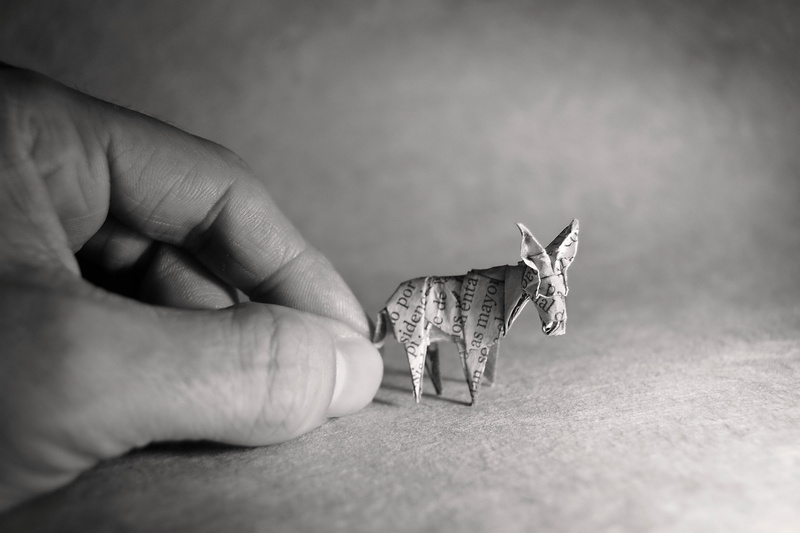 2K, monochrome, hands, origami, paper, donkey