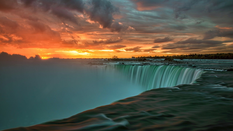 long exposure, trees, Canada, nature, stones, Niagara Falls, water, clouds, Ontario, 1080P, landscape, sunset, waterfall