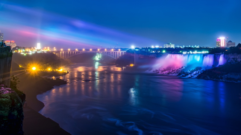 river, night, niagara falls, ontario, canada, lights, niagara river, rainbow bridge, 4K, bridge