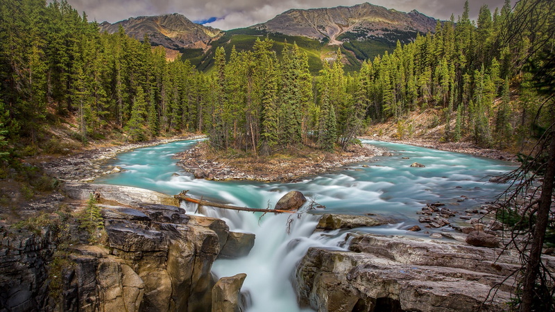 Alberta, Jasper National Park, landscape, long exposure, Canada, water, Sunwapta Falls, 1080P, clouds, rocks, nature, trees, sky, forest, mountains