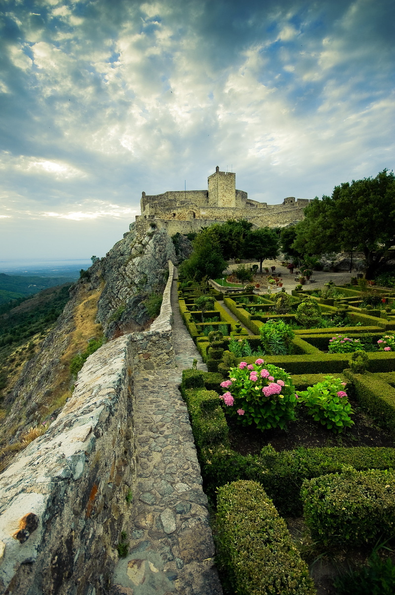 building, history, flower, outdoors, castle, the past, flowerbeds, building exterior, portugal, stone, flowering plant, plant, grass, marvao, sky, built structure