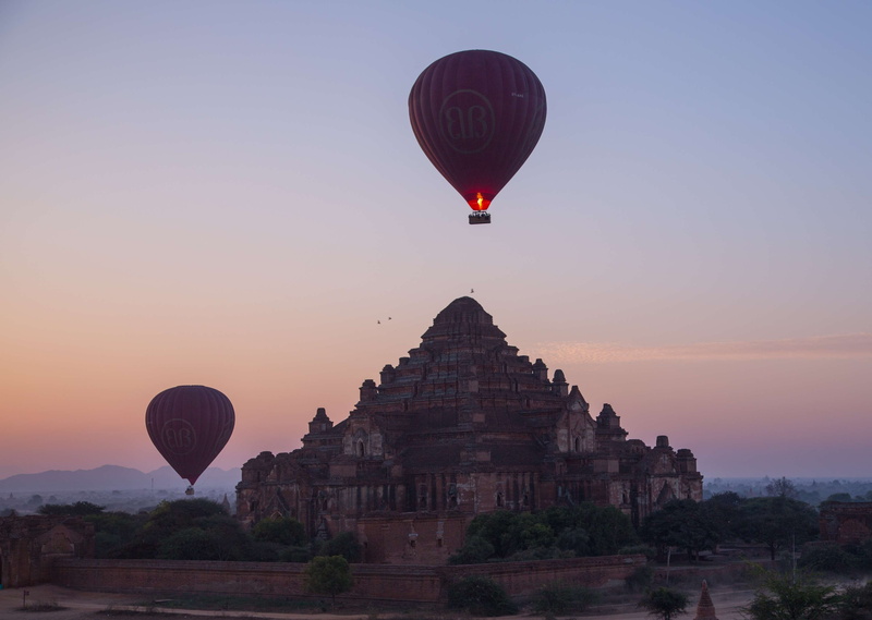 ancient, outdoors, hot air balloon, history, ancient civilization, building exterior, travel, nature, travel destinations, transportation, bagan, sunset
