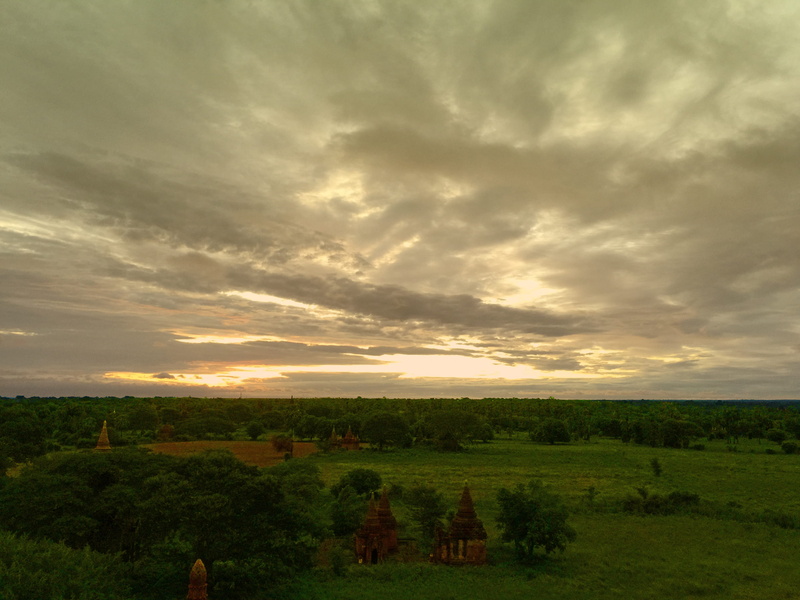 old bagan, tree, green color, no people, cloud, sun rise, tranquil scene, myanmar (burma), beauty in nature, land, nature, bagan, field, outdoors, plant