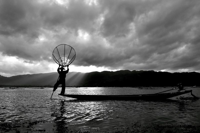 traditional, worker, isolation, myanmar, bw, scenics - nature, waterfront, standing, lake, silhouette, asia, real people, nautical vessel, fisherman, outdoors