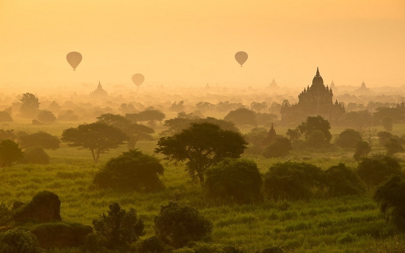 trees, building exterior, morning, outdoors, nature, beauty in nature, sun, no people, travel, architecture, Myanmar, 480P, grass, travel destinations