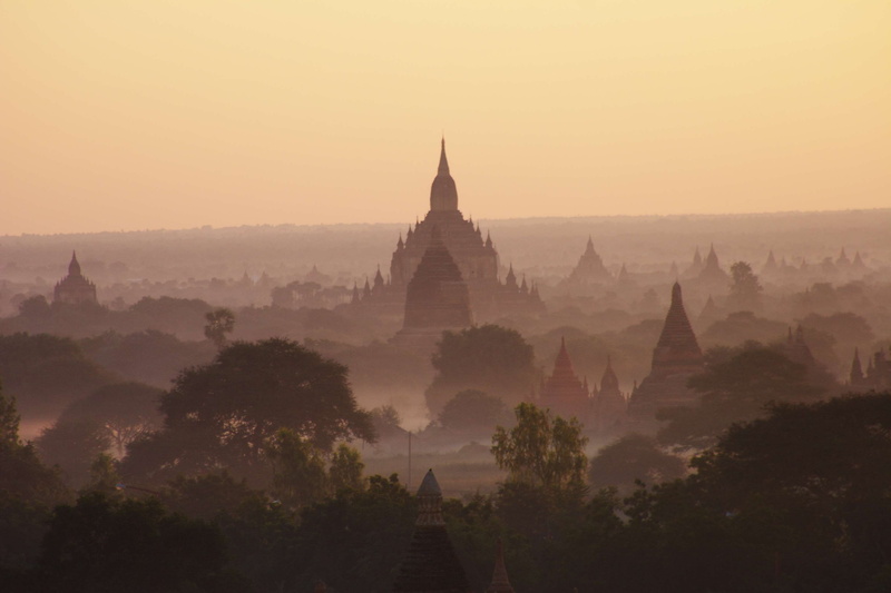 plant, belief, building exterior, fog, bagan, tourism, travel, place of worship, outdoors, ancient civilization, temple level, burma, spire, building, myanmar