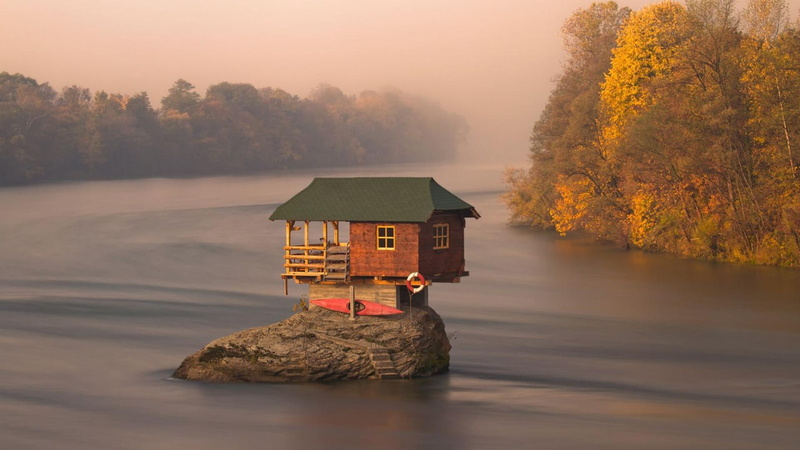 brown, cabin, nature and landscapes, rock, kayak, wooden, house, location, river, mist, 1080P, sebia