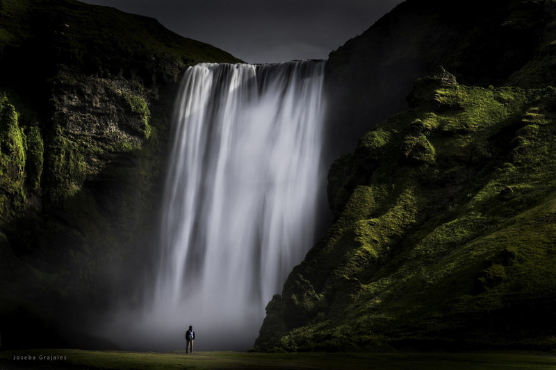 waterfall, flowing water, waterfalls, travel destinations, outdoors, fall, mountain, landscape, green, one person, long exposure, trees, rock - object