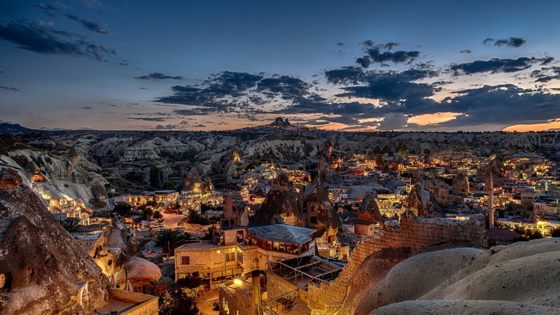 mountains, travel destinations, stones, crowded, high angle view, sunset, dusk, sky, outdoors, building exterior, travel, aerial, history, trees, rock