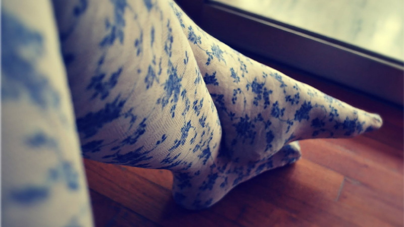 gray, blue, pattern, focus on foreground, no people, wood - material, two objects, high, feet, person, socks, wellbeing, floral pattern, closeup, close-up