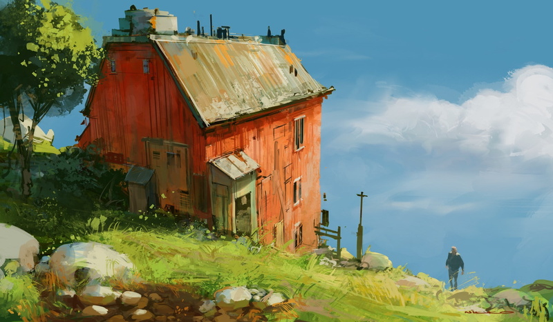 group of people, artwork, built structure, men, outdoors, digital art, day, architecture, cloud - sky, green color, people, building, Nikolai Lockertsen