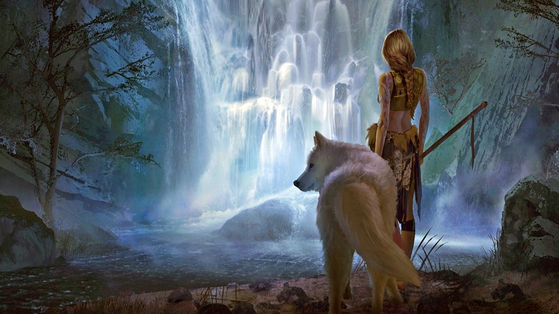 white wolf, spear, back, animal, nature, waterfall, wolf, weapon, tattoos, river, fantasy art, 1080P, fantasy, Warrior, digital art, blonde, landscape