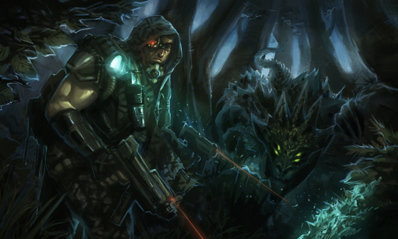 soldier, holding, laser, illustration, warrior, gun, art, guns, 1080P, fantasy art, fantasy