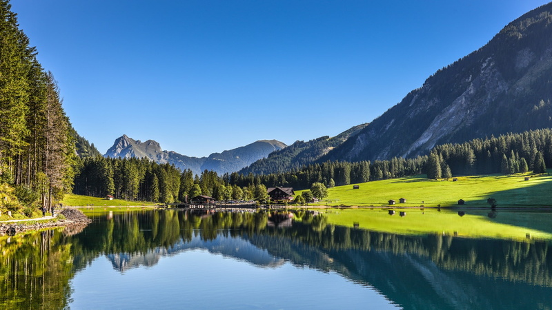 Water, Austria, near, Mountains, Forest, Lake, covered, 1080P, range, Tyrol, mountain, field, green, Reflection