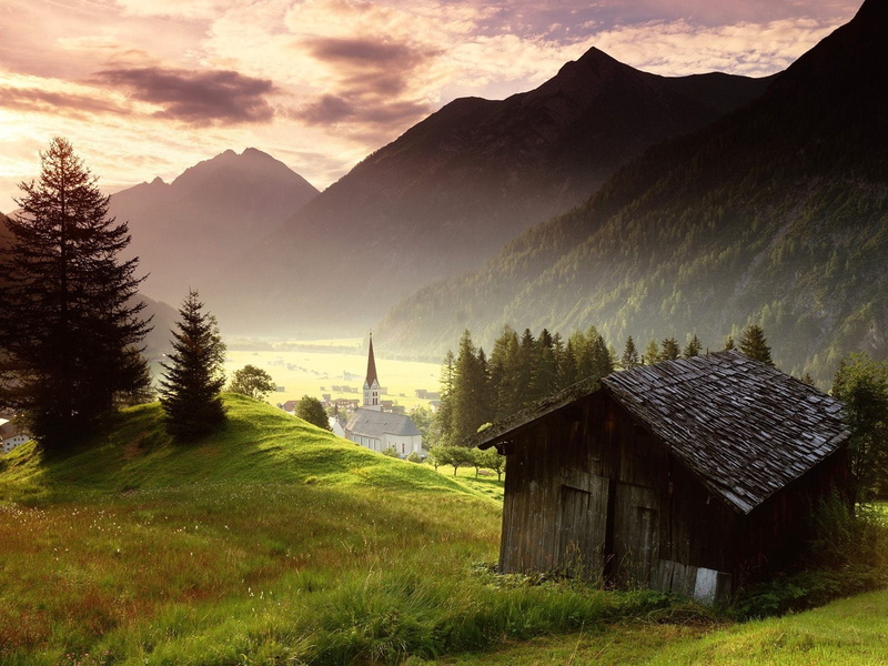 sunset, summer, travel, building, village, wood - Material, austria, land, fog, scenics - nature, dolomites, farm, valley, green Color, hut, outdoors, grass