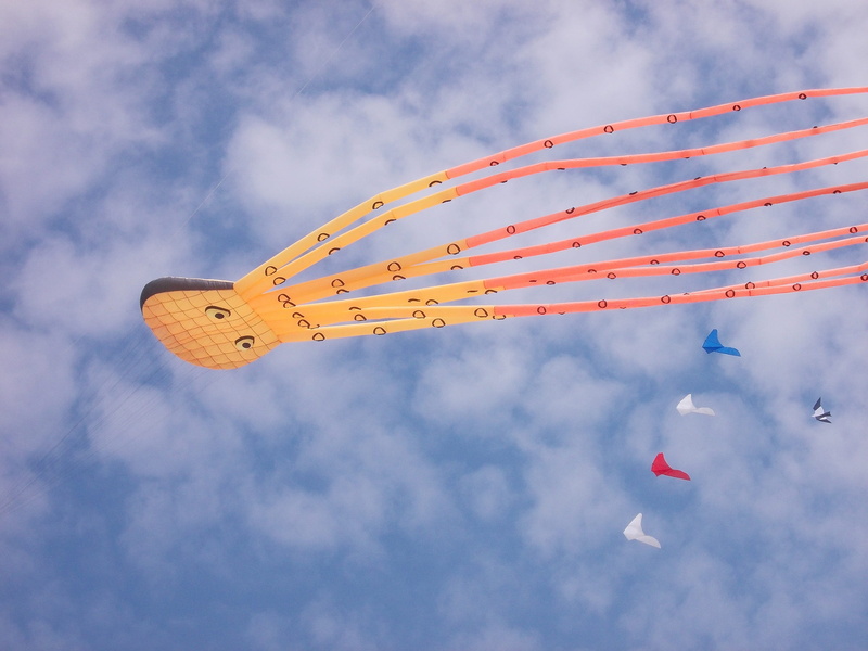 no people, bray-dunes, orange, clouds, celebration, blue sky, octopus, day, sky, air vehicle, airshow, plane, kite - toy, kite, on the move, colors, beach