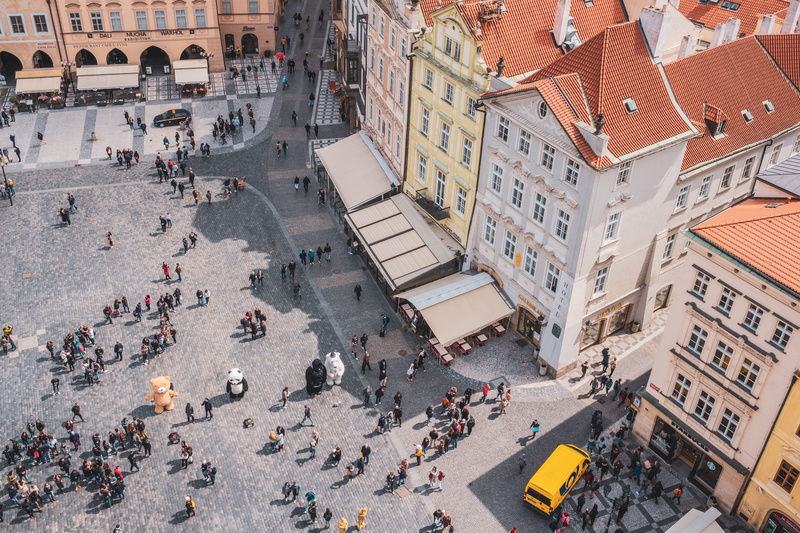 plaza, incidental people, outdoors, residential district, town square, street, houses, building exterior, town, 5K, sun, urban, group of people, landscape