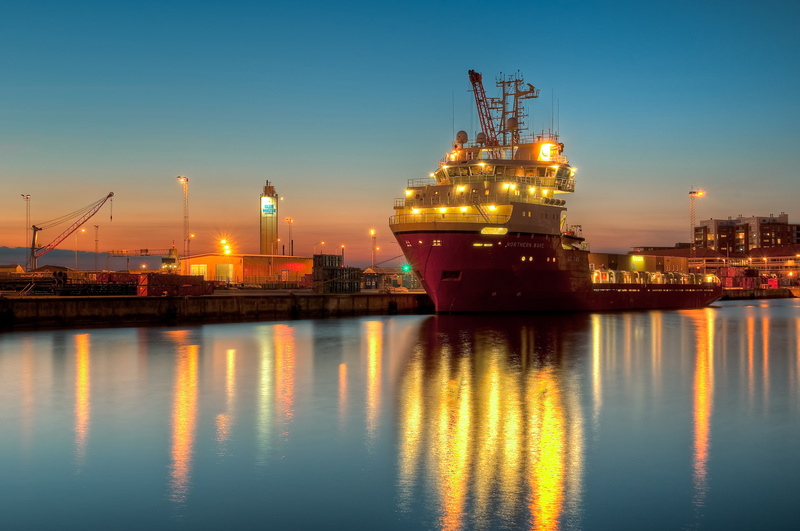 ship, Doc, pier, the evening, lights, 2K, barge