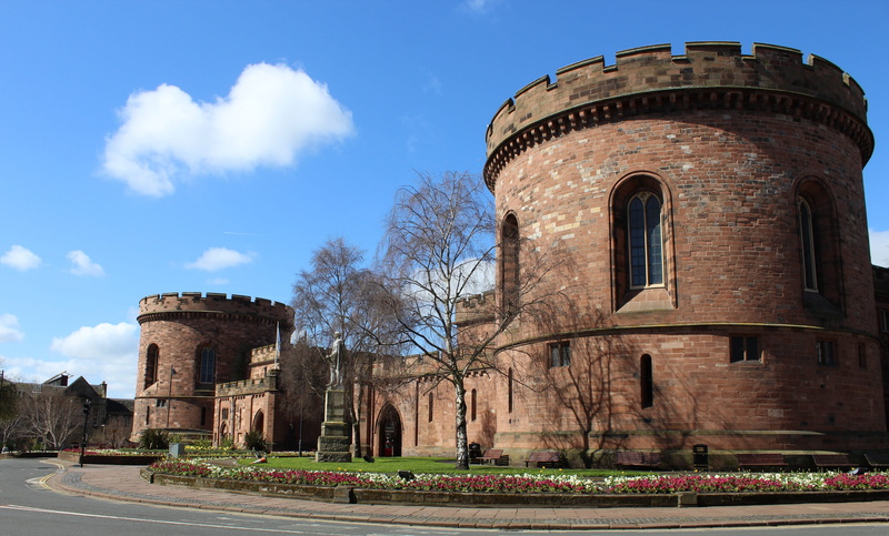 the past, travel destinations, cloud - sky, ancient civilization, built structure, history, citadel, blue, sky, architecture, tree, grass, carlisle, plant