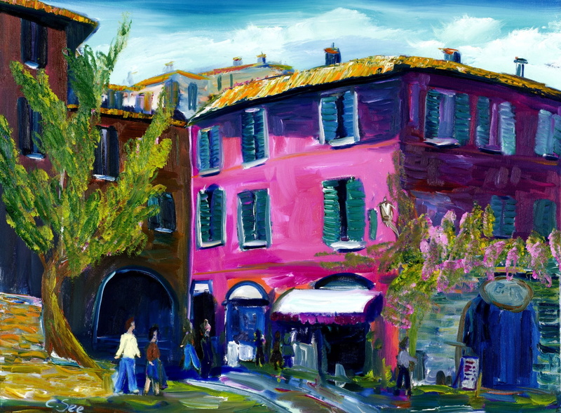 built structure, oilpainting, architecture, building exterior, incidental people, sky, Artistic, day, window, nature, house, men, outdoors, pink, street