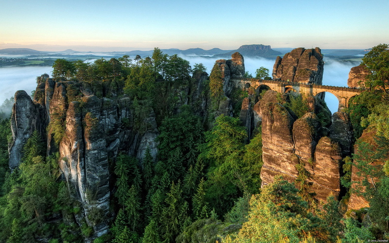 German, Breathtaking, Landscape, landscapes, Mountains, mountain, bridge, field, grass, 1080P
