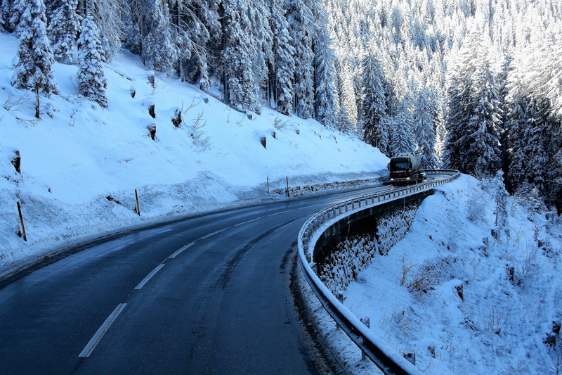 gray, transport, day, sunny, high, bend, steeply, the prospect of, scenery, non-urban scene, pine, zers, view, covering, snowcapped mountain, nature, the cold season