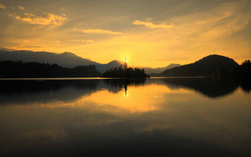 Church, Sun, 1080P, Bled, Slovenia, Lake, Dawn
