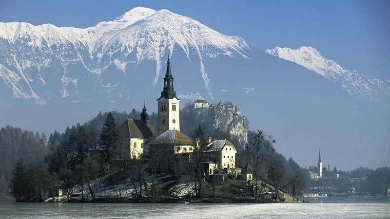 karavanke, slovenia, lake, mountains, church, alps, bled, 1080P, island, nature and landscapes