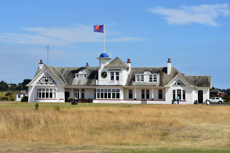 building exterior, day, flag, golf course, 4K, clubhouse, grass, sky, scotland, outdoors, plant, nature, history, field, travel destinations, golf, patriotism
