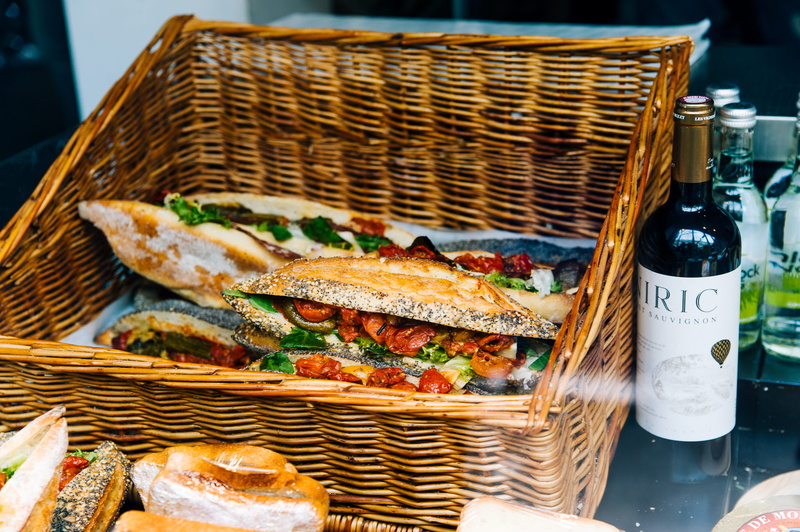 bread, tasty, healthy eating, wine, container, high angle view, sandwich, yummy, vegetables, food, 4K, brown, meat, wicker, snack, business, ready-to-eat