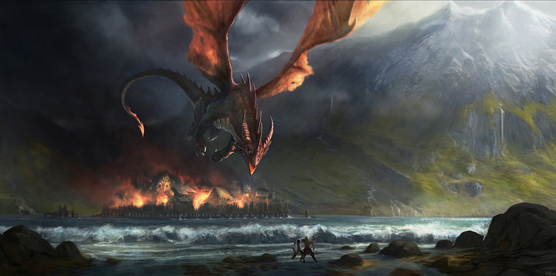 dragon, stones, fire, village, rocks, mountains, the city, fugitives, lake, 1080P, prosecution