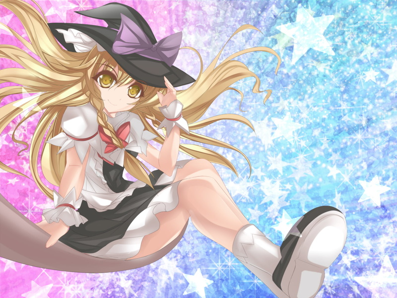 blonde, 720P, bow, dress, hat, eyes, stars, witch, kirisame, marisa, hair, touhou, braids, yellow, marionette