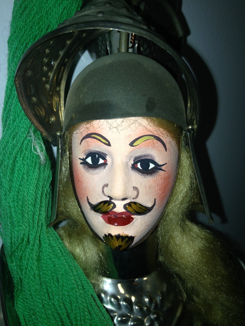 portrait, young adult, marionette, 2K, a wooden knight, headwear, costume, knight in shinning armor, indoors, lipstick, one person, make-up, paint, human face