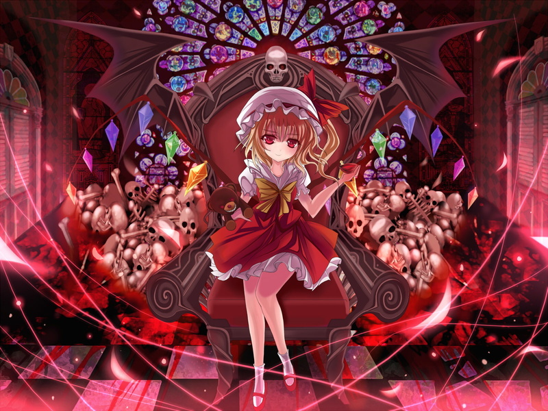 hair, wings, marionette, red, touhou, dark, short, flandre, vampire, blonde, excle, eyes, hat, doll, 720P, scarlet, bones, dress