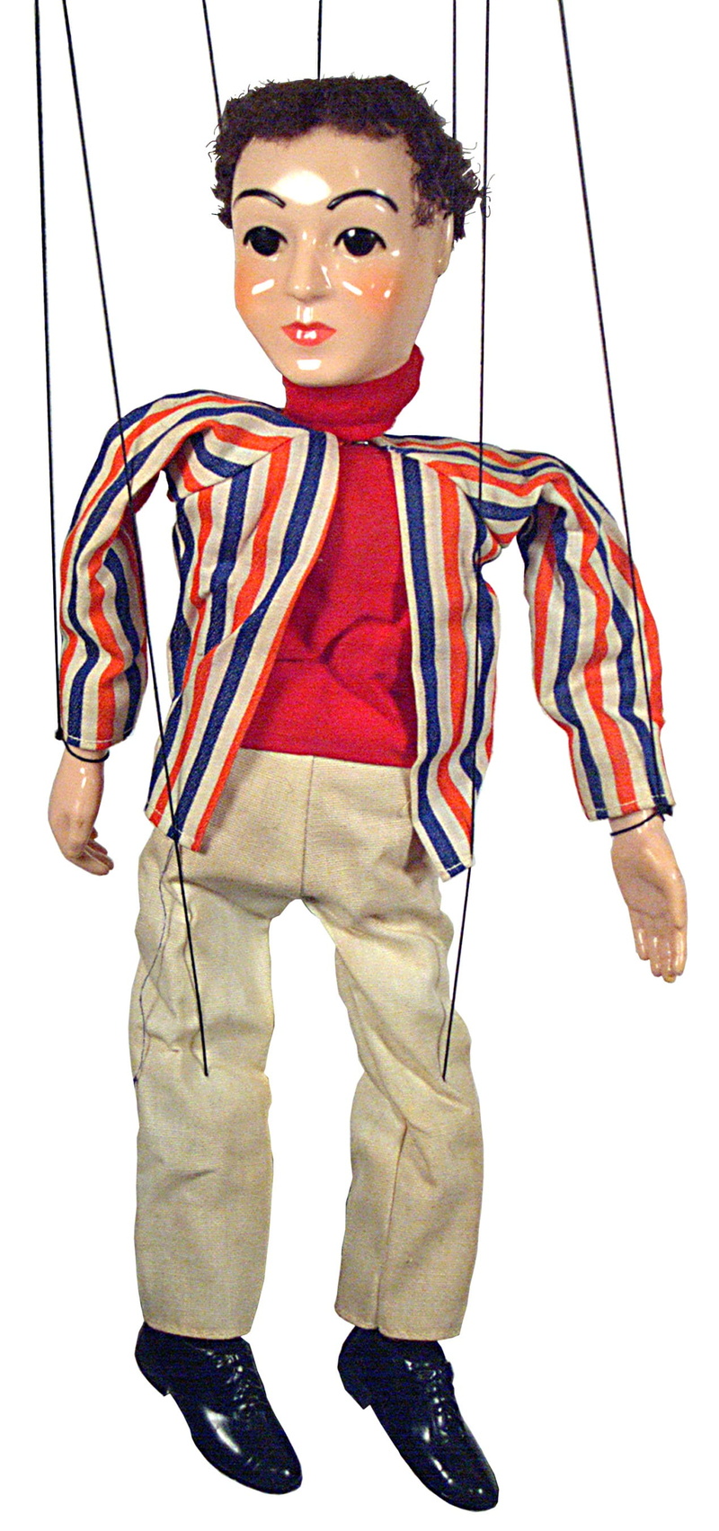 looking at camera, vintage, portrait, paint, indoors, Puppet, young, doll, male, cut out, Strings, childhood, clothing, young men, child, lifestyles, standing
