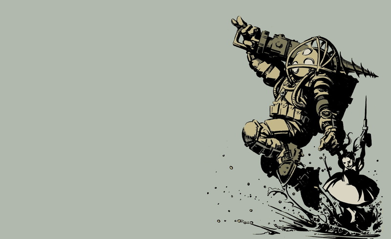 sculpture, splashing, armored, clear sky, representation, bioshock big daddy and little sister, digital, big daddy and little sister, close-up, Games, daddy