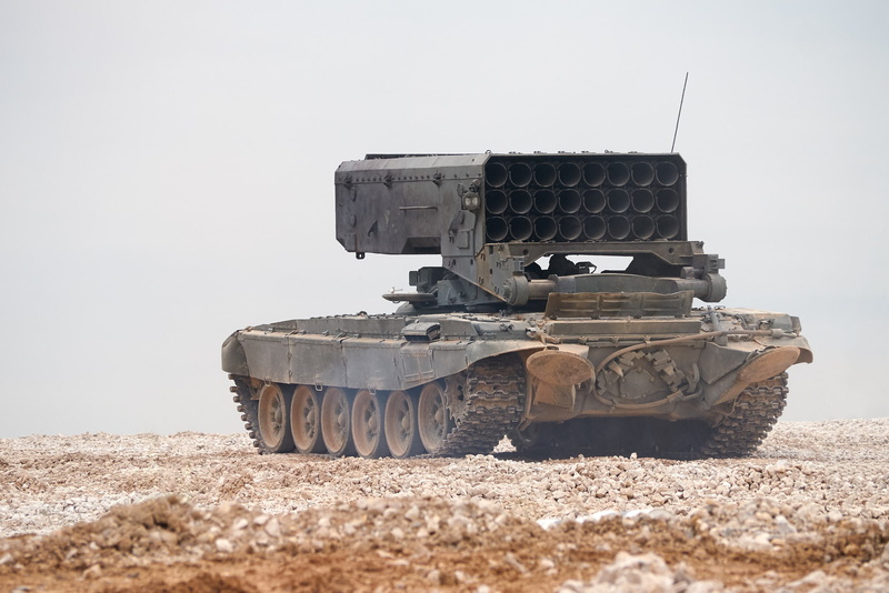 mode of transportation, aggression, single object, still life, gray, transportation, land vehicle, metal, close-up, solid, no people, TOS-1, system, copy space
