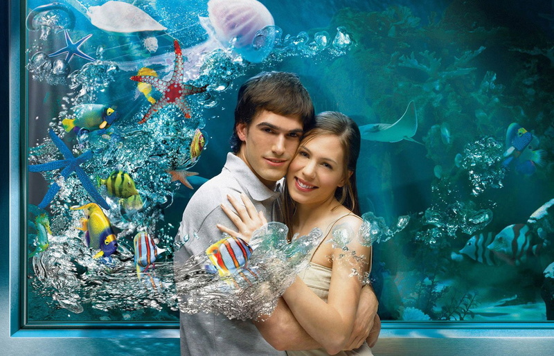 digital art, heterosexual couple, portrait, fish, men, adult, happiness, young couple, aquarium, couple - relationship, nature, water, smiling, love, young men