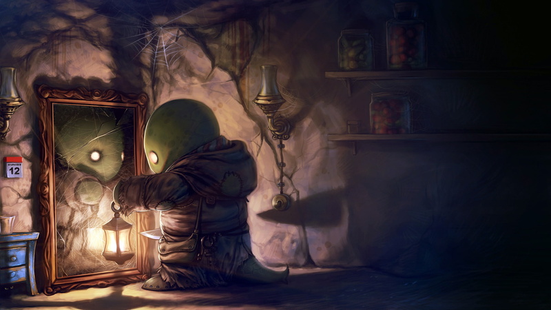 mirror, lamp, cat, Final Fantasy, 1080P, lantern, fantasy art, digital art, artwork, game, jars, broken mirror, tonberry, fantasy, knife, monster, bedside table