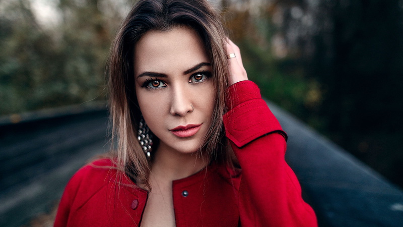 1080P, nose ring, coats, women outdoors, women, face, red coat, hand on head, closeup, portrait