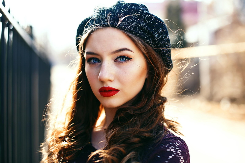 millinery, hat, women, blue eyes, red lipstick, redhead, makeup, 1080P, portrait, face
