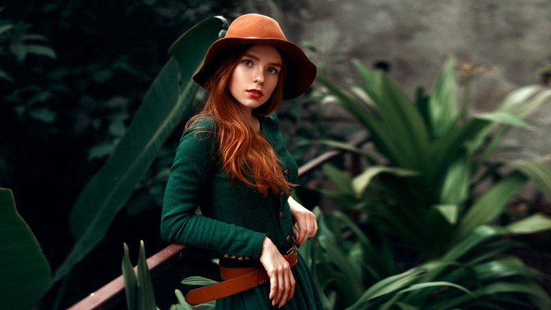belt, dress, redhead, 1080P, women, nose rings, red lipstick, women outdoors, model, looking at viewer, women with hats, depth of field, portrait
