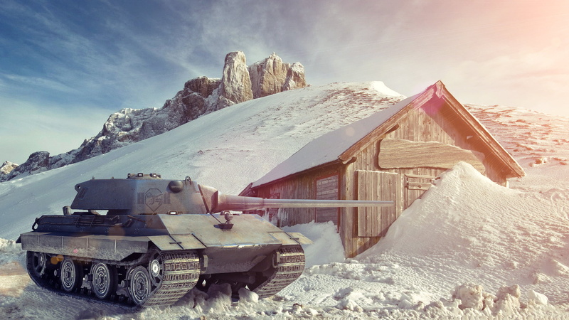 architecture, cloud - sky, cold temperature, WoT, land, snow, tank, armed Forces, building exterior, army, E50-M, sport, gray, day, forest, art, european Alps