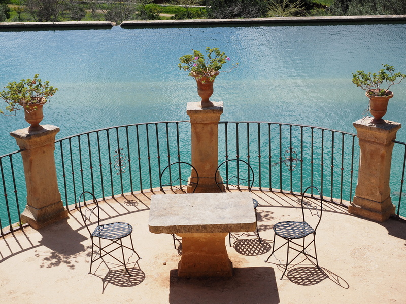 mallorca, body, outlook, potted plant, railing, bunyola, picnic, empty, beside, water, terrace, mediterranean, architecture, estate raixa, daytime, plant