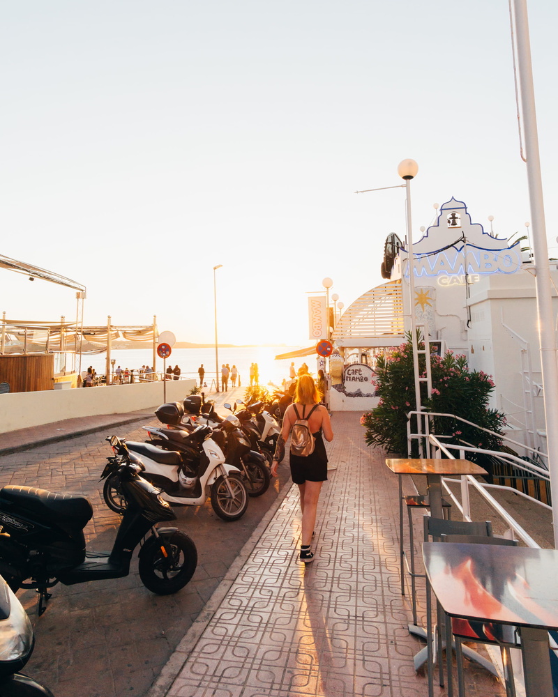 transportation, clear sky, 2K, mode of transportation, sky, cafe mambo, motor vehicle, ibiza, street, sun, building exterior, city, people, real people