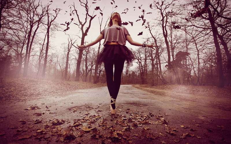 music, autumn, girl, 3d and abstract, 1080P, seasonal, leaves, trees, dance, forest, road
